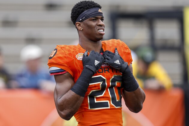 MOBILE, AL - JANUARY 28: Connecticut Safety Obi Melifonwu #20 of the North Team before the start of the 2017 Resse's Senior Bowl at Ladd-Peebles Stadium on January 28, 2017 in Mobile, Alabama. The South defeated the North 16-15. (Photo by Don Juan Moore/Getty Images)