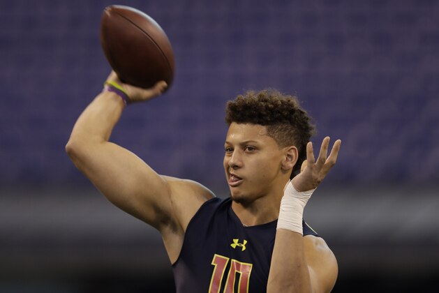 Texas Tech quarterback Patrick Mahomes runs a drill at the NFL football scouting combine Saturday, March 4, 2017, in Indianapolis. (AP Photo/David J. Phillip)