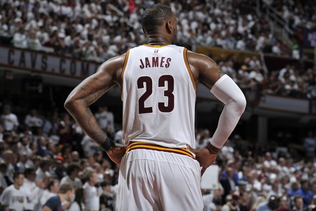 CLEVELAND, OH - APRIL 17:  LeBron James #23 of the Cleveland Cavaliers stands on the court during Game Two of the Eastern Conference Quarterfinals against the Indiana Pacers during the 2017 NBA Playoffs on April 17, 2017 at Quicken Loans Arena in Cleveland, Ohio. NOTE TO USER: User expressly acknowledges and agrees that, by downloading and/or using this photograph, user is consenting to the terms and conditions of the Getty Images License Agreement. Mandatory Copyright Notice: Copyright 2017 NBAE (Photo by David Liam Kyle/NBAE via Getty Images)