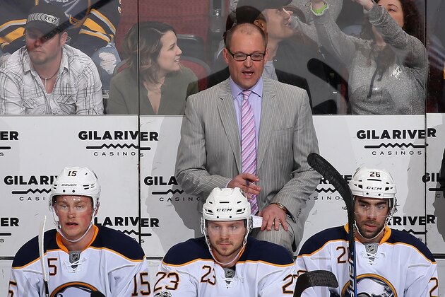 GLENDALE, AZ - FEBRUARY 26:  Head coach Dan Bylsma of the Buffalo Sabres watches from the bench during the second period of the NHL game against the Arizona Coyotes at Gila River Arena on February 26, 2017 in Glendale, Arizona.  (Photo by Christian Petersen/Getty Images)