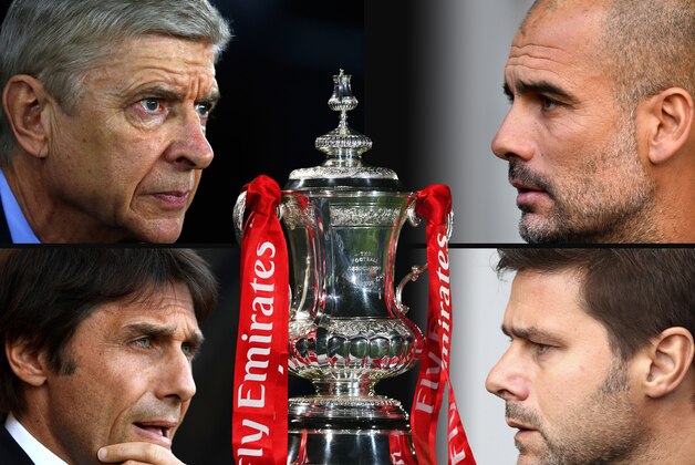 FILE PHOTO (EDITORS NOTE: GRADIENT ADDED  - Image numbers 666204736,607529584502540908,612040098,496018146) In this composite image a comparision has been made between the four club managers Antonio Conte, Manager of Chelsea,Mauricio Pochettino, Manager of Tottenham Hotspur and Arsene Wenger, Manager of Arsenal with Josep Guardiola, Manager of Manchester City that are competing in the Emirates FA Cup Semi-Finals.  Tottenham Hotspur and Chelsea meet on April 22, 2017 with Arsenal and Manchester City meeting on April 23, 2017 both taking place at Wembley Stadium.