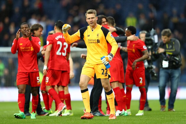 WEST BROMWICH, ENGLAND - APRIL 16:  Simon Mignolet of Liverpool celebrates after the Premier League match between West Bromwich Albion and Liverpool at The Hawthorns on April 16, 2017 in West Bromwich, England.  (Photo by Michael Steele/Getty Images)