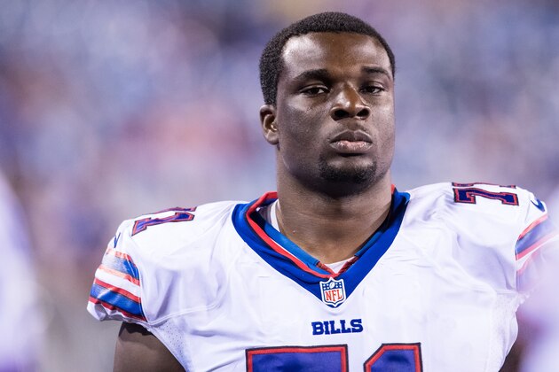 ORCHARD PARK, NY - AUGUST 13:  Cyrus Kouandjio #71 of the Buffalo Bills on the sideline during the second half against the Indianapolis Colts on August 13, 2016 at Ralph Wilson Stadium in Orchard Park, New York.  Indianapolis defeated Buffalo 19-18.  (Photo by Brett Carlsen/Getty Images)