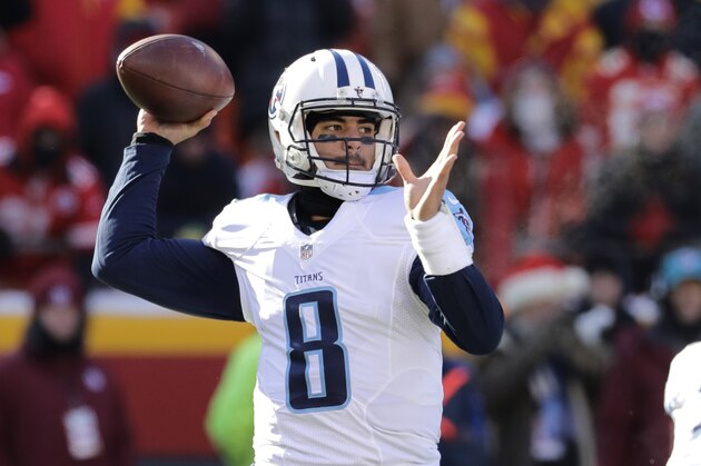 FILE - In this Sunday, Dec. 18, 2016 file photo, Tennessee Titans quarterback Marcus Mariota (8) throws during the first half of an NFL football game against the Kansas City Chiefs in Kansas City, Mo. The Tennessee Titans are on the verge of a record-tying turnaround and quite possibly the franchise’s biggest game in years. All they have to do is beat reeling Jacksonville on Saturday, Dec. 24, 2016 to make them a reality. (AP Photo/Charlie Riedel, File)