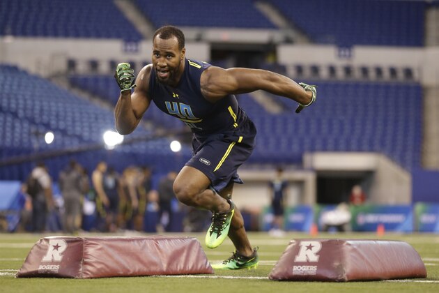 FILE - In this March 5, 2017, file photo, Temple defensive end Haason Reddick runs a drill at the NFL football scouting combine in Indianapolis. The day after Reddick finished turning heads at the NFL scouting combine, he showed up for more workouts at his school. At 6 a.m. After all, there was a pro day upcoming, at which he could impress even more people. (AP Photo/Michael Conroy, File)