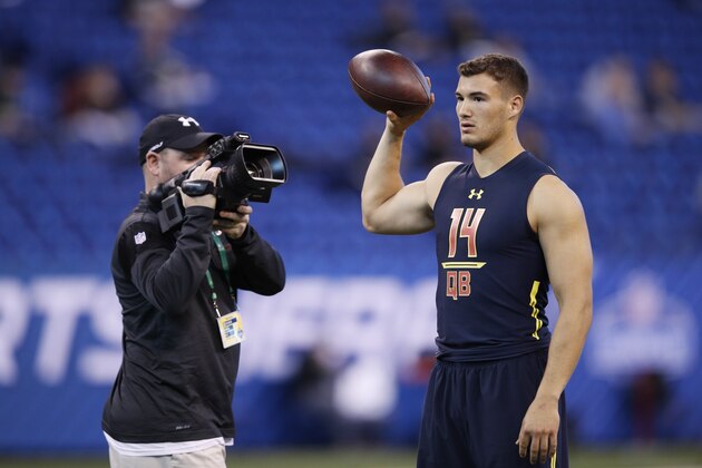 INDIANAPOLIS, IN - MARCH 04: Quarterback Mitch Trubisky of North Carolina poses for a video cameraman during day four of the NFL Combine at Lucas Oil Stadium on March 4, 2017 in Indianapolis, Indiana. (Photo by Joe Robbins/Getty Images)