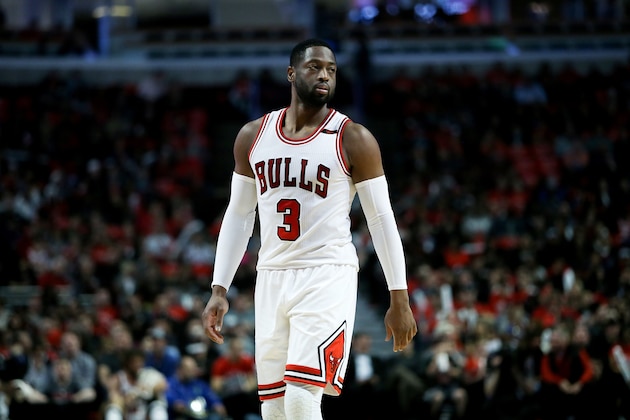 CHICAGO, IL - APRIL 12:  Dwyane Wade #3 of the Chicago Bulls walks across the court in the second quarter against the Brooklyn Nets at United Center on April 12, 2017 in Chicago, Illinois. NOTE TO USER: User expressly acknowledges and agrees that, by downloading and or using this photograph, User is consenting to the terms and conditions of the Getty Images License Agreement. (Photo by Dylan Buell/Getty Images)