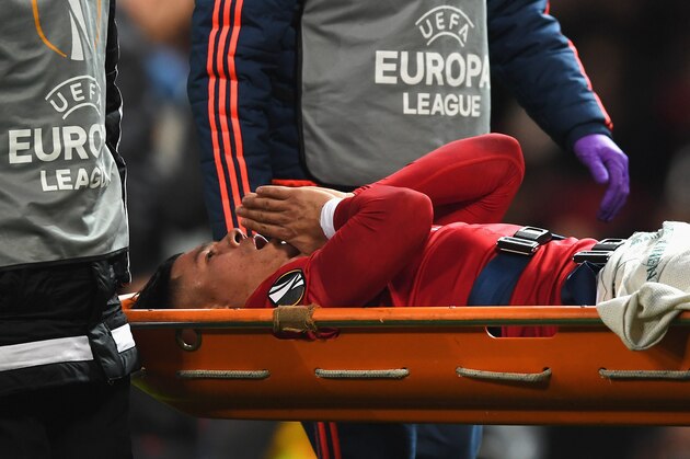 MANCHESTER, ENGLAND - APRIL 20:  An injured Marcos Rojo of Manchester United is stretchered off during the UEFA Europa League quarter final second leg match between Manchester United and RSC Anderlecht at Old Trafford on April 20, 2017 in Manchester, United Kingdom.  (Photo by Laurence Griffiths/Getty Images)