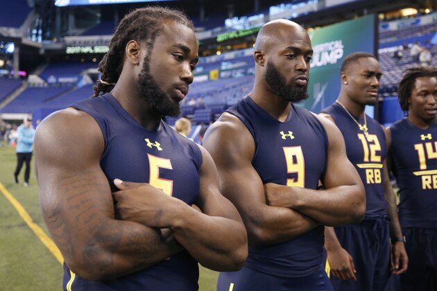 INDIANAPOLIS, IN - MARCH 03: Running backs Dalvin Cook of Florida State and Leonard Fournette of LSU look on during the NFL Combine at Lucas Oil Stadium on March 3, 2017 in Indianapolis, Indiana. (Photo by Joe Robbins/Getty Images)
