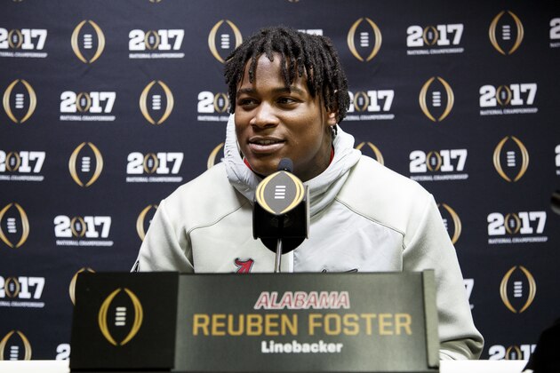 TAMPA, FL - JANUARY 7: Linebacker Reuben Foster #10 of the Alabama Crimson Tide addresses the media during Media Day before the College Football Playoff National Championship Game at Amalie Arena on January 7, 2017 in Tampa, Florida. (Photo by Don Juan Moore/Getty Images)