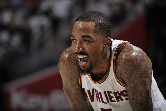 CLEVELAND, OH - APRIL 17:  A close up shot of J.R. Smith #5 of the Cleveland Cavaliers during Game Two of the Eastern Conference Quarterfinals against the Indiana Pacers during the 2017 NBA Playoffs on April 17, 2017 at Quicken Loans Arena in Cleveland, Ohio. NOTE TO USER: User expressly acknowledges and agrees that, by downloading and/or using this photograph, user is consenting to the terms and conditions of the Getty Images License Agreement. Mandatory Copyright Notice: Copyright 2017 NBAE (Photo by David Liam Kyle/NBAE via Getty Images)