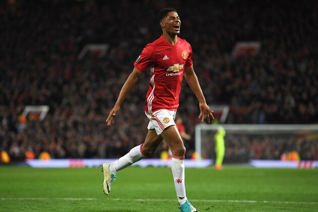 MANCHESTER, ENGLAND - APRIL 20:  Marcus Rashford of Manchester United celebrates as he scores their second goal during the UEFA Europa League quarter final second leg match between Manchester United and RSC Anderlecht at Old Trafford on April 20, 2017 in Manchester, United Kingdom.  (Photo by Laurence Griffiths/Getty Images)