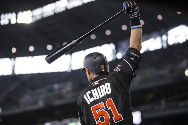 SEATTLE, WA - APRIL 19:  Ichiro Suzuki #51 of the Miami Marlins warms up in the on-deck circle during the eighth inning of a game Seattle Mariners at Safeco Field on April 19, 2017 in Seattle, Washington. The Mariners won 10-5. (Photo by Stephen Brashear/Getty Images)