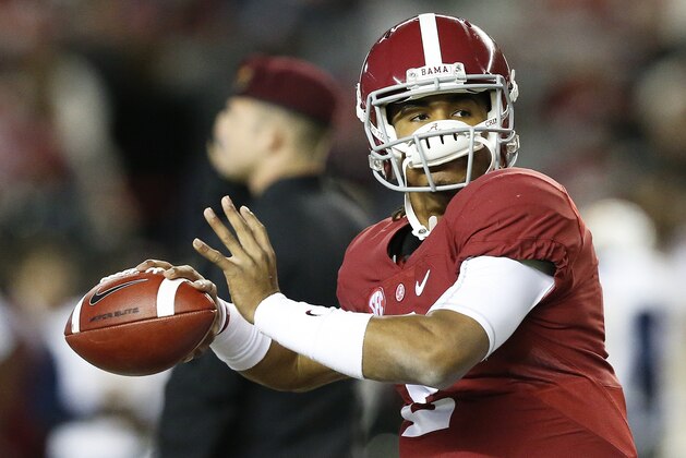 Alabama quarterback Jalen Hurts sets back to pass during an NCAA college football game against Chattanooga, Saturday, Nov. 19, 2016, in Tuscaloosa, Ala. (AP Photo/Brynn Anderson)