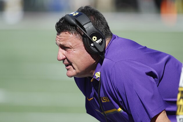 ORLANDO, FL - DECEMBER 31: Head coach Ed Orgeron of the LSU Tigers looks on against the Louisville Cardinals during the Buffalo Wild Wings Citrus Bowl at Camping World Stadium on December 31, 2016 in Orlando, Florida. LSU defeated Louisville 29-9. (Photo by Joe Robbins/Getty Images) ORLANDO, FL - DECEMBER 31: Head coach Ed Orgeron of the LSU Tigers looks on against the Louisville Cardinals during the Buffalo Wild Wings Citrus Bowl at Camping World Stadium on December 31, 2016 in Orlando, Florida. LSU defeated Louisville 29-9. (Photo by Joe Robbins/Getty Images)