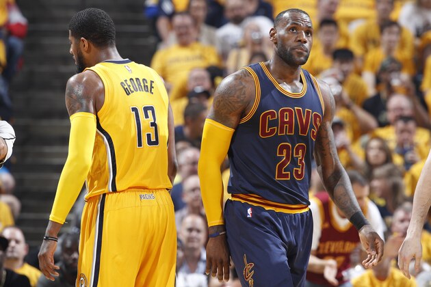 INDIANAPOLIS, IN - APRIL 20: LeBron James #23 of the Cleveland Cavaliers reacts in the second quarter of Game Three of the Eastern Conference Quarterfinals during the 2017 NBA Playoffs against the Indiana Pacers at Bankers Life Fieldhouse on April 20, 2017 in Indianapolis, Indiana. NOTE TO USER: User expressly acknowledges and agrees that, by downloading and or using the photograph, User is consenting to the terms and conditions of the Getty Images License Agreement. (Photo by Joe Robbins/Getty Images)