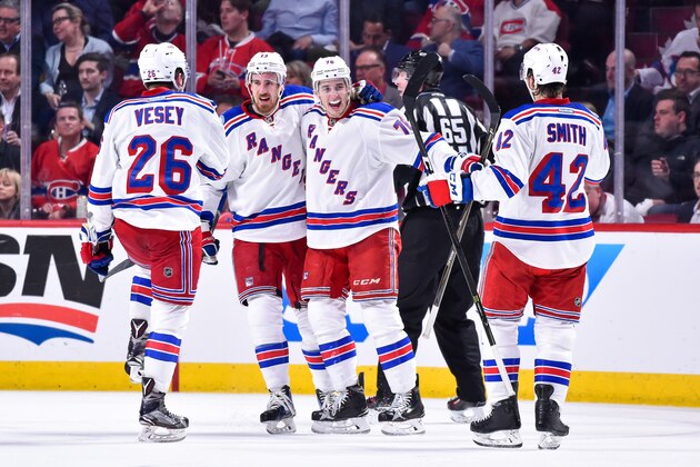 MONTREAL, QC - APRIL 20:  Brady Skjei #76 of the New York Rangers celebrates his second period goal with teammates against the Montreal Canadiens in Game Five of the Eastern Conference First Round during the 2017 NHL Stanley Cup Playoffs at the Bell Centre on April 20, 2017 in Montreal, Quebec, Canada.  (Photo by Minas Panagiotakis/Getty Images)