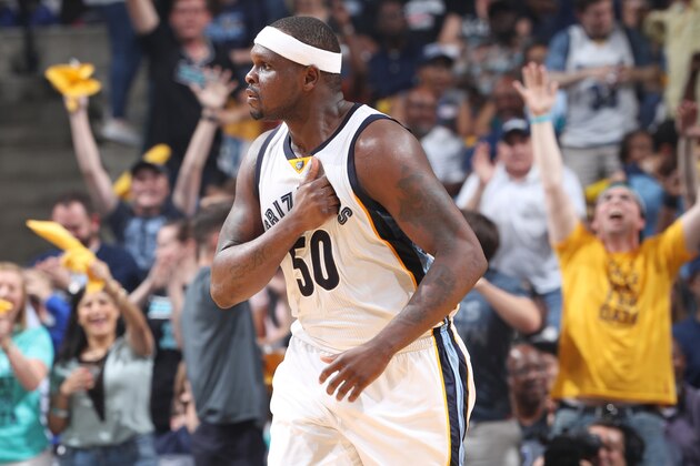 MEMPHIS, TN - APRIL 20:  Zach Randolph #50 of the Memphis Grizzlies celebrates during Game Three of the Western Conference Quarterfinals of the 2017 NBA Playoffs on April 20, 2017 at FedExForum in Memphis, Tennessee. NOTE TO USER: User expressly acknowledges and agrees that, by downloading and/or using this photograph, user is consenting to the terms and conditions of the Getty Images License Agreement. Mandatory Copyright Notice: Copyright 2017 NBAE (Photo by Joe Murphy/NBAE via Getty Images)