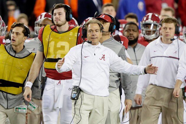TAMPA, FL - JANUARY 09:  Head coach Nick Saban of the Alabama Crimson Tide reacts on the sideline during the second half against the Clemson Tigers in the 2017 College Football Playoff National Championship Game at Raymond James Stadium on January 9, 2017 in Tampa, Florida.  (Photo by Jamie Squire/Getty Images)