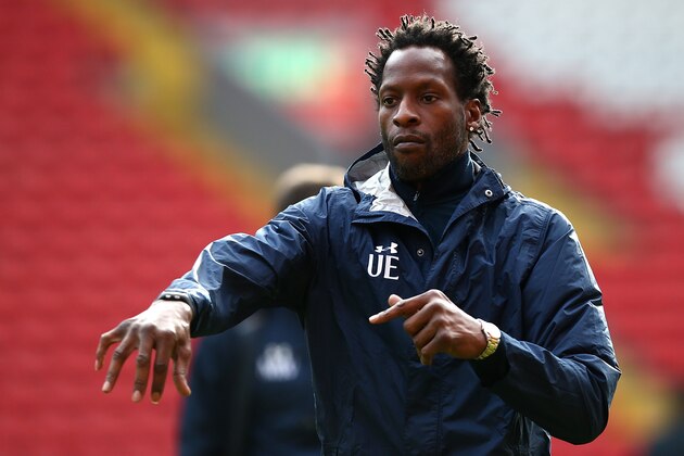 LIVERPOOL, ENGLAND - FEBRUARY 05:  Ugo Ehiogu, coach of Tottenham Hotspur looks on during the Premier League 2 match between Liverpool and Tottenham Hotspur at Anfield on February 5, 2017 in Liverpool, England.  (Photo by Jan Kruger/Getty Images)