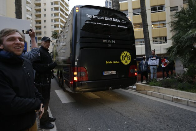 The team bus of German Bundesliga soccer club arrives at the Louis stadium before the Champions League quarterfinal second leg soccer match between Monaco and Dortmund in Monaco, Wednesday April 19, 2017. (AP Photo/Claude Paris)