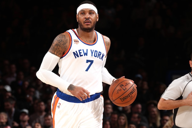 NEW YORK, NY - MARCH 29: Carmelo Anthony #7 of the New York Knicks handles the ball against the Miami Heat on March 29, 2017 at Madison Square Garden in New York City, New York.  NOTE TO USER: User expressly acknowledges and agrees that, by downloading and or using this photograph, User is consenting to the terms and conditions of the Getty Images License Agreement. Mandatory Copyright Notice: Copyright 2017 NBAE  (Photo by Nathaniel S. Butler/NBAE via Getty Images)