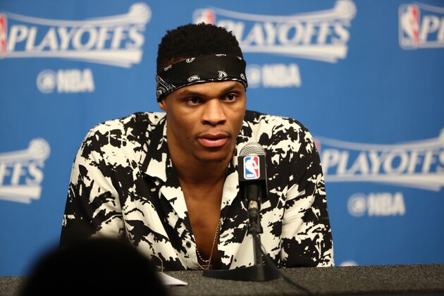 HOUSTON, TX - APRIL 19:  Russell Westbrook #0 of the Oklahoma City Thunder speaks to the media during a press conference after Game Two of the Western Conference Quarterfinals against the Houston Rockets of the 2017 NBA Playoffs on April 19, 2017 at the Toyota Center in Houston, Texas. NOTE TO USER: User expressly acknowledges and agrees that, by downloading and/or using this photograph, user is consenting to the terms and conditions of the Getty Images License Agreement. Mandatory Copyright Notice: Copyright 2017 NBAE (Photo by Nathaniel S. Butler/NBAE via Getty Images)