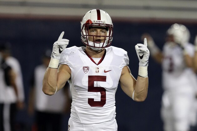 Stanford running back Christian McCaffrey (5) warms up before an NCAA college football game against Arizona, Saturday, Oct. 29, 2016, in Tucson, Ariz. (AP Photo/Rick Scuteri)