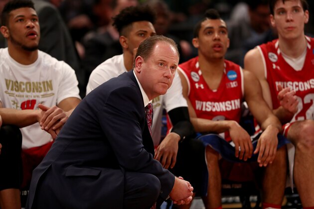 NEW YORK, NY - MARCH 24:  Head coach Greg Gard of the Wisconsin Badgers looks on against the Florida Gators during the 2017 NCAA Men's Basketball Tournament East Regional at Madison Square Garden on March 24, 2017 in New York City.  (Photo by Elsa/Getty Images)