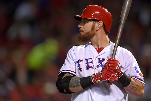 ARLINGTON, TX - OCTOBER 1: Josh Hamilton #32 of the Texas Rangers at bat during the second inning of the game against the Los Angeles Angels of Anaheim at Globe Life Park in Arlington on October 1, 2015 in Arlington, California. (Photo by Matt Brown/Angels Baseball LP/Getty Images)