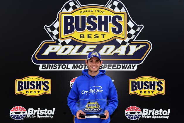 BRISTOL, TN - APRIL 21:  Kyle Larson, driver of the #42 Credit One Bank Chevrolet, poses with the pole award for the Monster Energy NASCAR Cup Series Food City 500 at Bristol Motor Speedway on April 21, 2017 in Bristol, Tennessee.  (Photo by Jared C. Tilton/Getty Images)