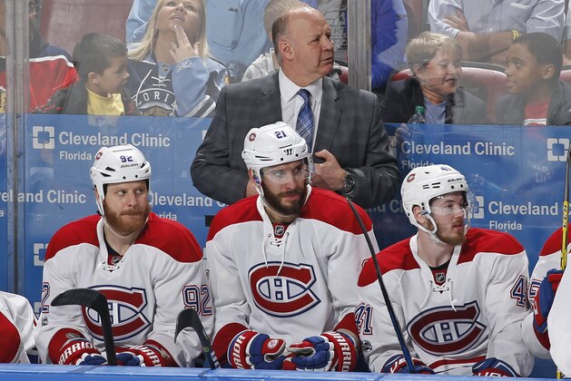 Montreal Canadiens head coach Claude Julien look up ice during the third period of an NHL hockey game against the Florida Panthers, Monday, April 3, 2017, in Sunrise, Fla. The Canadiens defeated the Panthers 4-1. (AP Photo/Joel Auerbach)