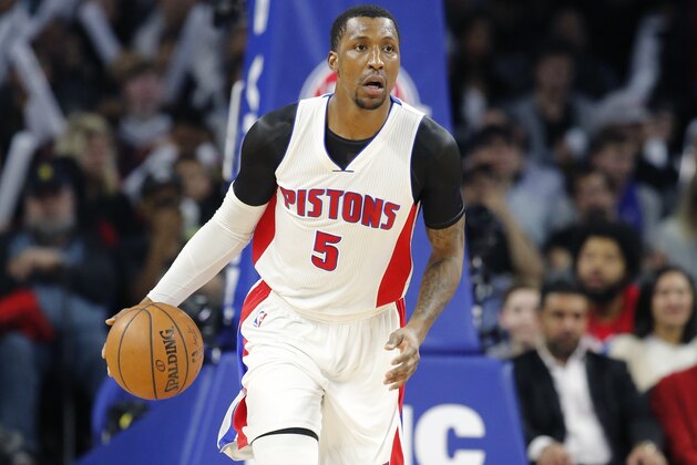 Detroit Pistons guard Kentavious Caldwell-Pope brings the ball up court during the second half of an NBA basketball game against the San Antonio Spurs, Friday, Feb. 10, 2017, in Auburn Hills, Mich. (AP Photo/Carlos Osorio)