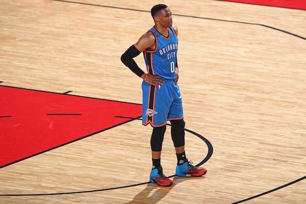 HOUSTON, TX - APRIL 19:  Russell Westbrook #0 of the Oklahoma City Thunder stands on the court against the Houston Rockets during Game Two of the Western Conference Quarterfinals of the 2017 NBA Playoffs on April 19, 2017 at the Toyota Center in Houston, Texas. NOTE TO USER: User expressly acknowledges and agrees that, by downloading and/or using this photograph, user is consenting to the terms and conditions of the Getty Images License Agreement. Mandatory Copyright Notice: Copyright 2017 NBAE (Photo by Nathaniel S. Butler/NBAE via Getty Images)
