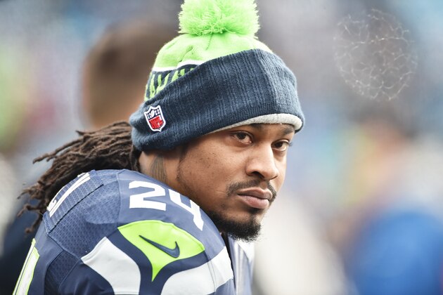 CHARLOTTE, NC - JANUARY 17:  Marshawn Lynch #24 of the Seattle Seahawks looks on before the NFC Divisional Playoff Game against the Carolina Panthers at Bank of America Stadium on January 17, 2016 in Charlotte, North Carolina.  (Photo by Ronald C. Modra/Sports Imagery/Getty Images)