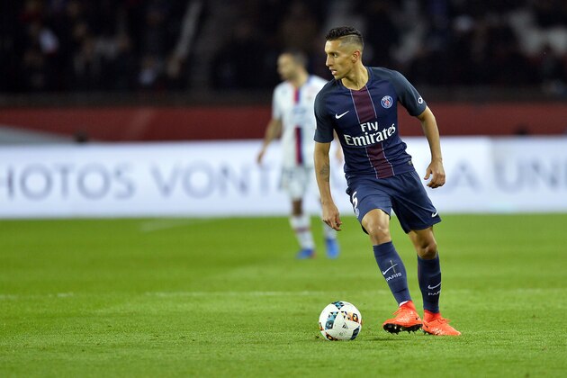 PARIS, FRANCE - MARCH 19: Marquinhos of Paris Saint-Germain runs with the ball during the French Ligue 1 match between Paris Saint Germain and Lyon at Parc des Princes on March 19, 2017 in Paris, France. (Photo by Aurelien Meunier/Getty Images)