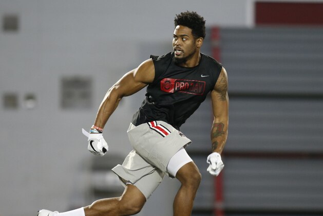 Cornerback Gareon Conley runs a drill during football Pro Day at Ohio State University in Columbus, Ohio, Thursday, March 23, 2017. (AP Photo/Paul Vernon)