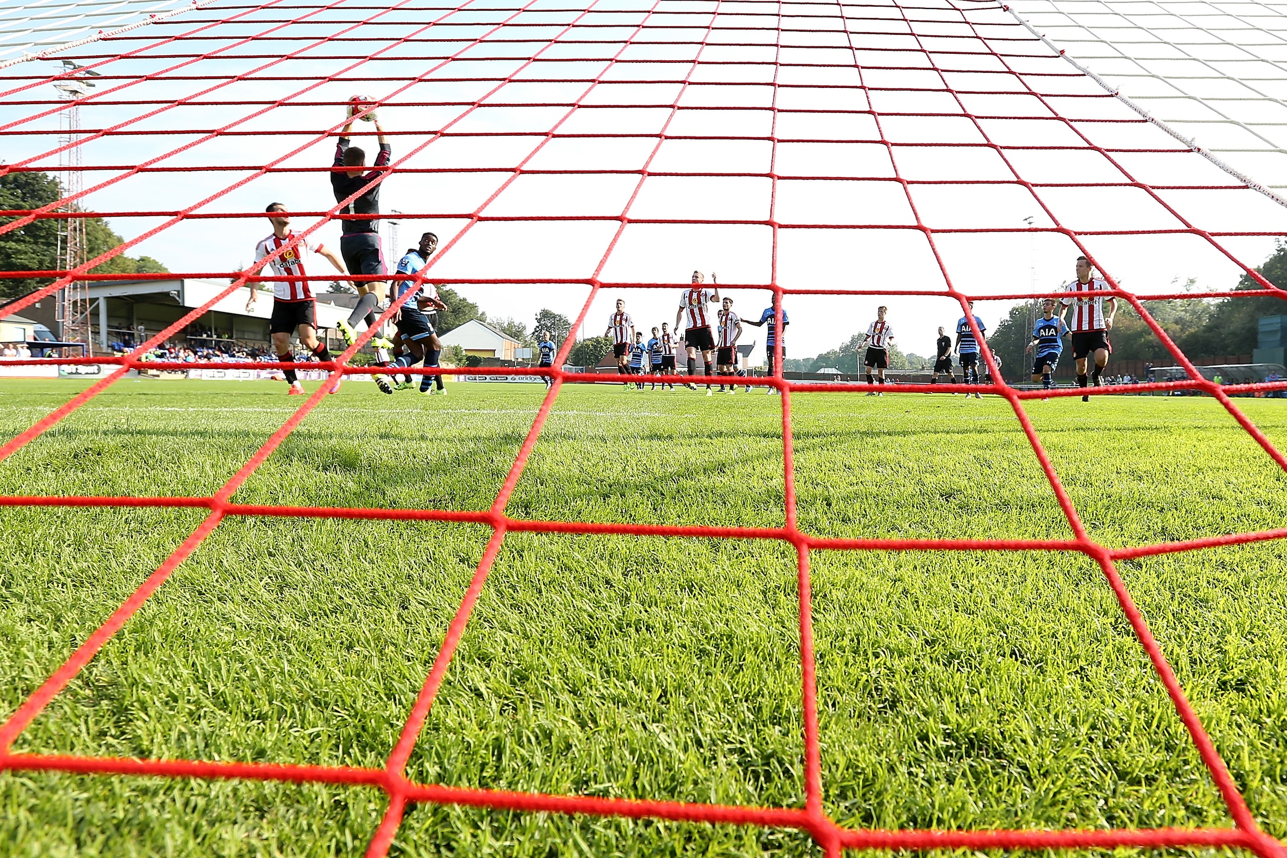 SUNDERLAND, ENGLAND - AUGUST 23:  Maksymilian Stryjek of Sunderland reaches for the ball under pressure during the Barclays U21 Premier League match between Sunderland U21 and Tottenham Hotspur U21 at Eppleton Colliery Welfare ground on August 23, 2015 in Sunderland, England.  (Photo by Jan Kruger/Getty Images)