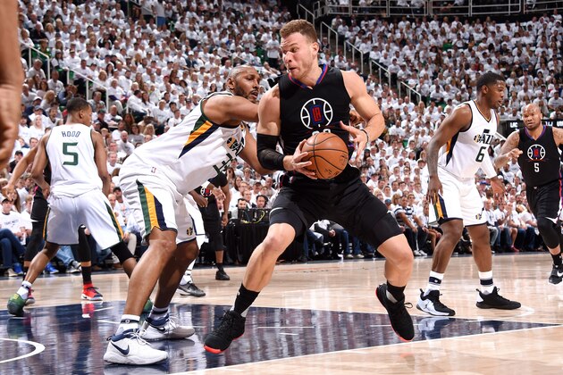 SALT LAKE CITY, UT - APRIL 21: Blake Griffin #32 of the Los Angeles Clippers handles the ball during the game against the Utah Jazz during the Western Conference Quarter-finals of the 2017 NBA Playoffs on April 21, 2017 at Vivint Smart Home Arena in Salt Lake City, Utah. NOTE TO USER: User expressly acknowledges and agrees that, by downloading and or using this Photograph, User is consenting to the terms and conditions of the Getty Images License Agreement. Mandatory Copyright Notice: Copyright 2017 NBAE (Photo by Andrew D. Bernstein/NBAE via Getty Images)