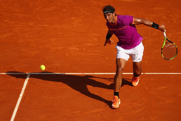MONTE-CARLO, MONACO - APRIL 22:  Rafael Nadal  of Spain plays a backand against David Goffin of Belgium in their semi final round match on day seven of the Monte Carlo Rolex Masters at Monte-Carlo Sporting Club on April 22, 2017 in Monte-Carlo, Monaco.  (Photo by Clive Brunskill/Getty Images)