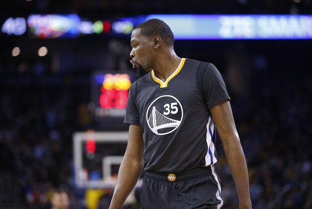 Apr 8, 2017; Oakland, CA, USA; Golden State Warriors forward Kevin Durant (35) stands on the court during action against the New Orleans Pelicans in the second quarter at Oracle Arena. Mandatory Credit: Cary Edmondson-USA TODAY Sports