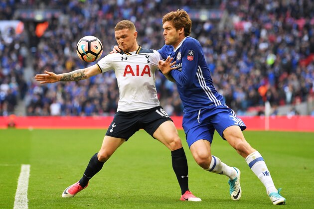 LONDON, ENGLAND - APRIL 22:  Kieran Trippier of Tottenham Hotspur and Marcos Alonso of Chelsea in action during The Emirates FA Cup Semi-Final between Chelsea and Tottenham Hotspur at Wembley Stadium on April 22, 2017 in London, England.  (Photo by Laurence Griffiths/Getty Images)