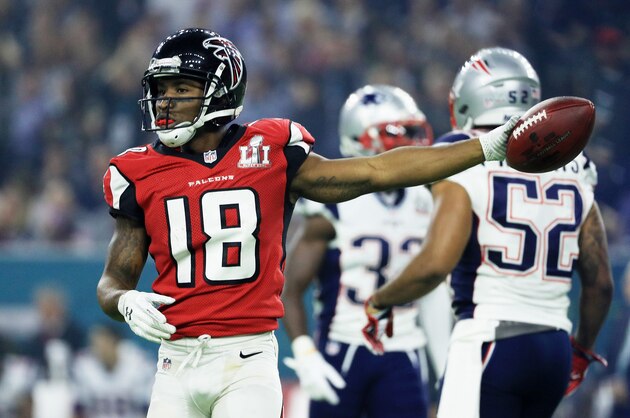 HOUSTON, TX - FEBRUARY 05:  Taylor Gabriel #18 of the Atlanta Falcons reacts after a first down against the New England Patriots in the third quarter during Super Bowl 51 at NRG Stadium on February 5, 2017 in Houston, Texas.  (Photo by Mike Ehrmann/Getty Images)