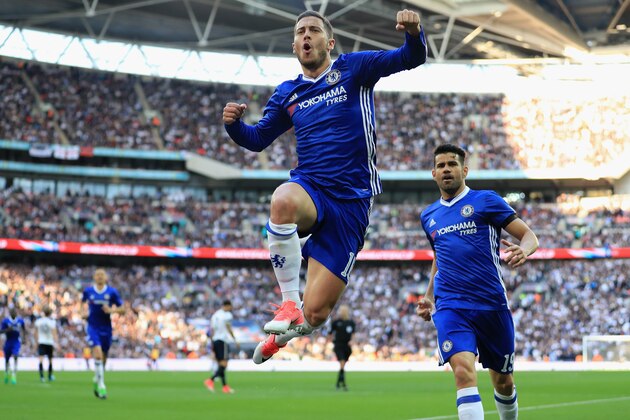 LONDON, ENGLAND - APRIL 22:  Eden Hazard of Chelsea celebrates with Diego Costa of Chelsea  after scoring his sides third goal during The Emirates FA Cup Semi-Final between Chelsea and Tottenham Hotspur at Wembley Stadium on April 22, 2017 in London, England.  (Photo by Richard Heathcote/Getty Images)