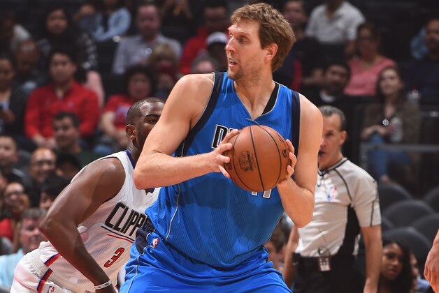 LOS ANGELES, CA - APRIL 5: Dirk Nowitzki #41 of the Dallas Mavericks handles the ball against the Los Angeles Clippers on April 5, 2017 at STAPLES Center in Los Angeles, California. NOTE TO USER: User expressly acknowledges and agrees that, by downloading and/or using this Photograph, user is consenting to the terms and conditions of the Getty Images License Agreement. Mandatory Copyright Notice: Copyright 2017 NBAE (Photo by Andrew D. Bernstein/NBAE via Getty Images) LOS ANGELES, CA - APRIL 5: Dirk Nowitzki #41 of the Dallas Mavericks handles the ball against the Los Angeles Clippers on April 5, 2017 at STAPLES Center in Los Angeles, California. NOTE TO USER: User expressly acknowledges and agrees that, by downloading and/or using this Photograph, user is consenting to the terms and conditions of the Getty Images License Agreement. Mandatory Copyright Notice: Copyright 2017 NBAE (Photo by Andrew D. Bernstein/NBAE via Getty Images)