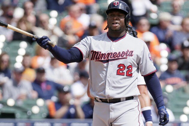 DETROIT, MI - APRIL 11:  Miguel Sano #22 of the Minnesota Twins tosses his bat away after striking out against the Detroit Tigers during the first inning at Comerica Park on April 11, 2017 in Detroit, Michigan. (Photo by Duane Burleson/Getty Images)
