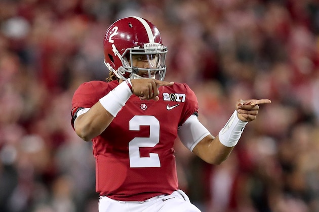 TAMPA, FL - JANUARY 09:  Quarterback Jalen Hurts #2 of the Alabama Crimson Tide celebrates after a touchdown by running back Bo Scarbrough #9 (not pictured) during the first quarter against the Clemson Tigers in the 2017 College Football Playoff National Championship Game at Raymond James Stadium on January 9, 2017 in Tampa, Florida.  (Photo by Tom Pennington/Getty Images)