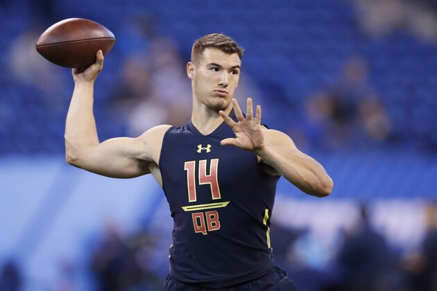 INDIANAPOLIS, IN - MARCH 04: Quarterback Mitch Trubisky of North Carolina throws during a passing drill on day four of the NFL Combine at Lucas Oil Stadium on March 4, 2017 in Indianapolis, Indiana. (Photo by Joe Robbins/Getty Images)
