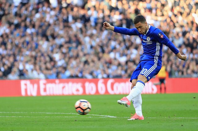 LONDON, ENGLAND - APRIL 22:  Eden Hazard of Chelsea scores his sides third goal  during The Emirates FA Cup Semi-Final between Chelsea and Tottenham Hotspur at Wembley Stadium on April 22, 2017 in London, England.  (Photo by Richard Heathcote/Getty Images)