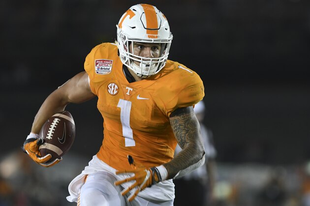 BRISTOL, TN - SEPTEMBER 10: Running back Jalen Hurd #1 of the Tennessee Volunteers carries the ball against the Virginia Tech Hokies in the first half at Bristol Motor Speedway on September 10, 2016 in Bristol, Tennessee.  (Photo by Michael Shroyer/Getty Images)
